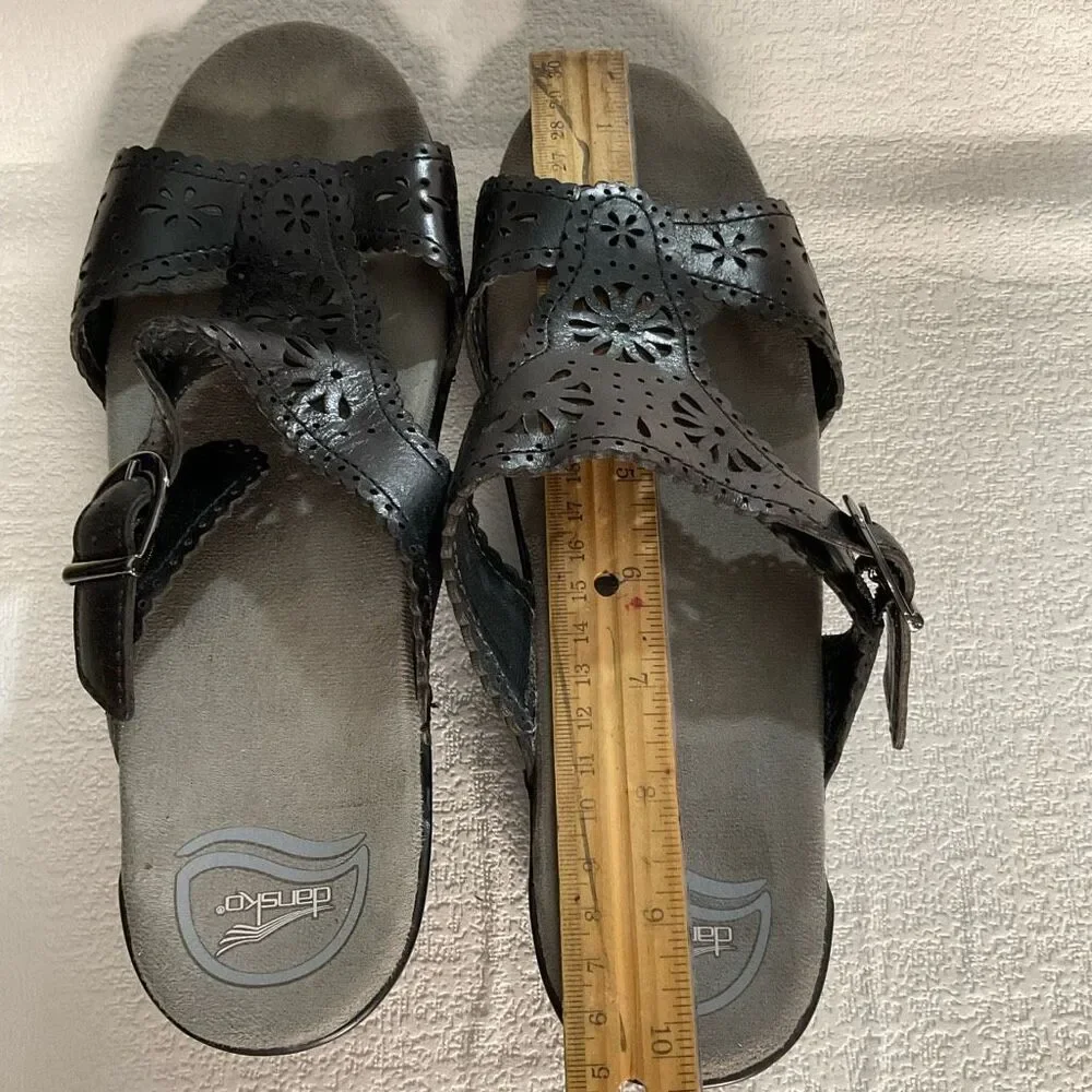 Dansko Sz 41 Sapphire Laser Cut  Black Slip-On Sandals 10,5-11 Buckle Wedge Heel